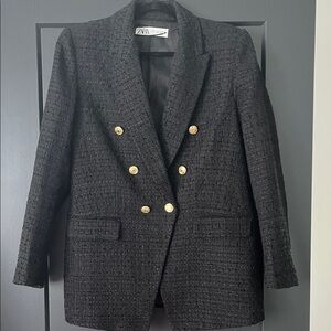 Zara Women's Textured Black Blazer with Gold Buttons